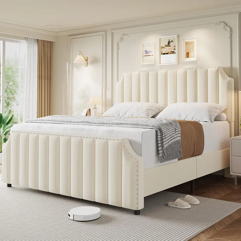 Velvet upholstered platform bed frame with tall tufted headboard